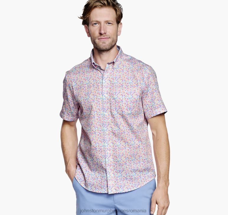 petală multi geo albă 6FF4F466 unisex Johnston & Murphy cămașă cu mânecă scurtă din bumbac texturat îmbrăcăminte